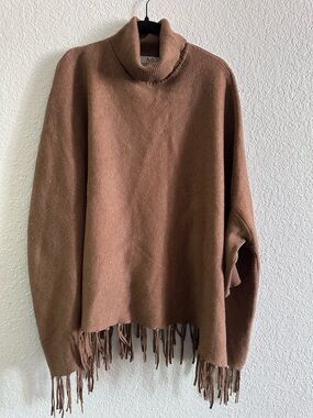 Magaschoni Turtleneck Poncho Sweater Fringe Hem Camel Oversized Boho Cape Size L